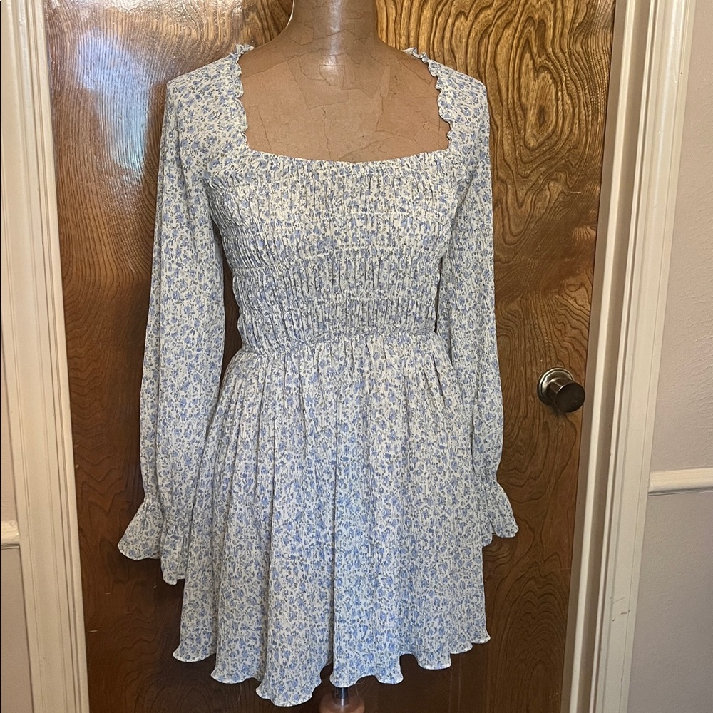 Lucy Paris XS Women’s Cream( almost pal yellow) Blue Floral Pleated  Dress